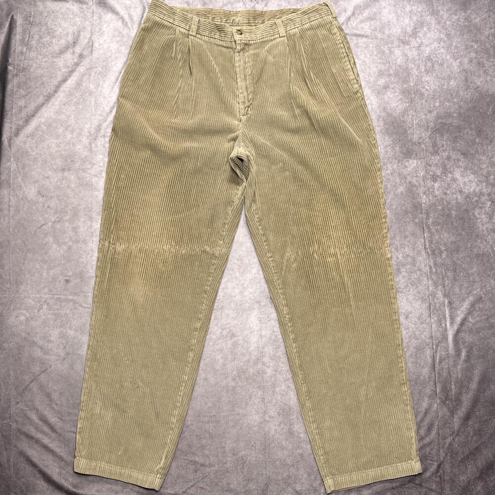 Vintage Savane Pants Mens 36x32 Beige Corduroy Khakis Pleated Wide Wale Relaxed